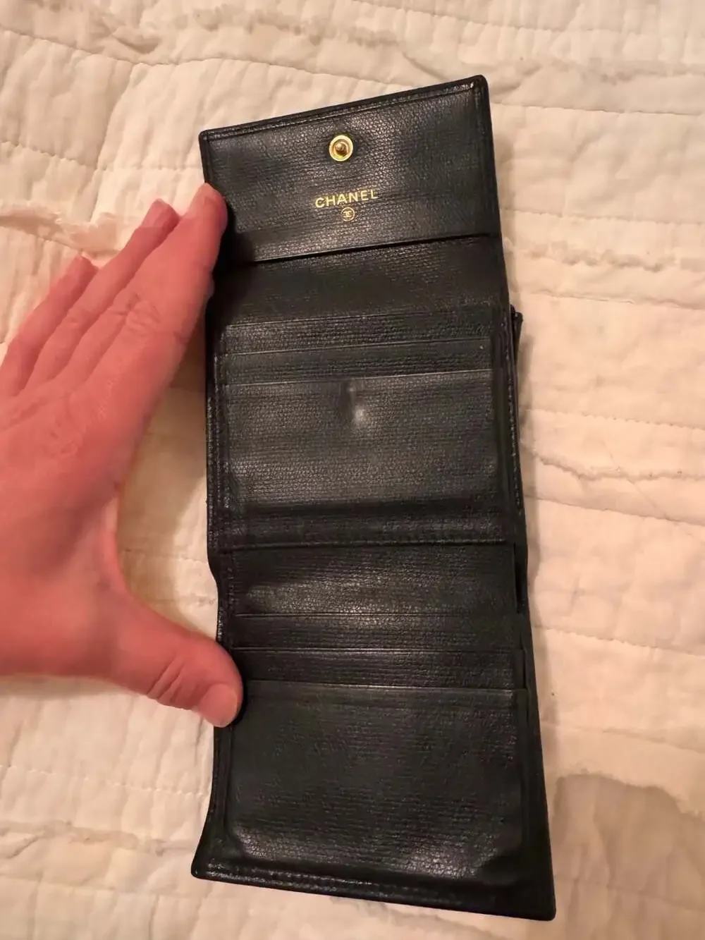 Chanel Black Caviar Leather Coco Button Trifold Compact Wallet